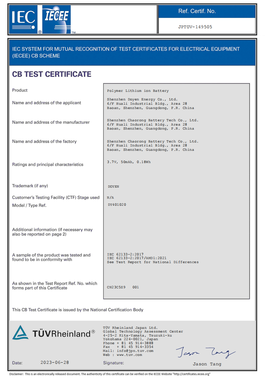 Certificate of CB62133 Certificate of CB62133